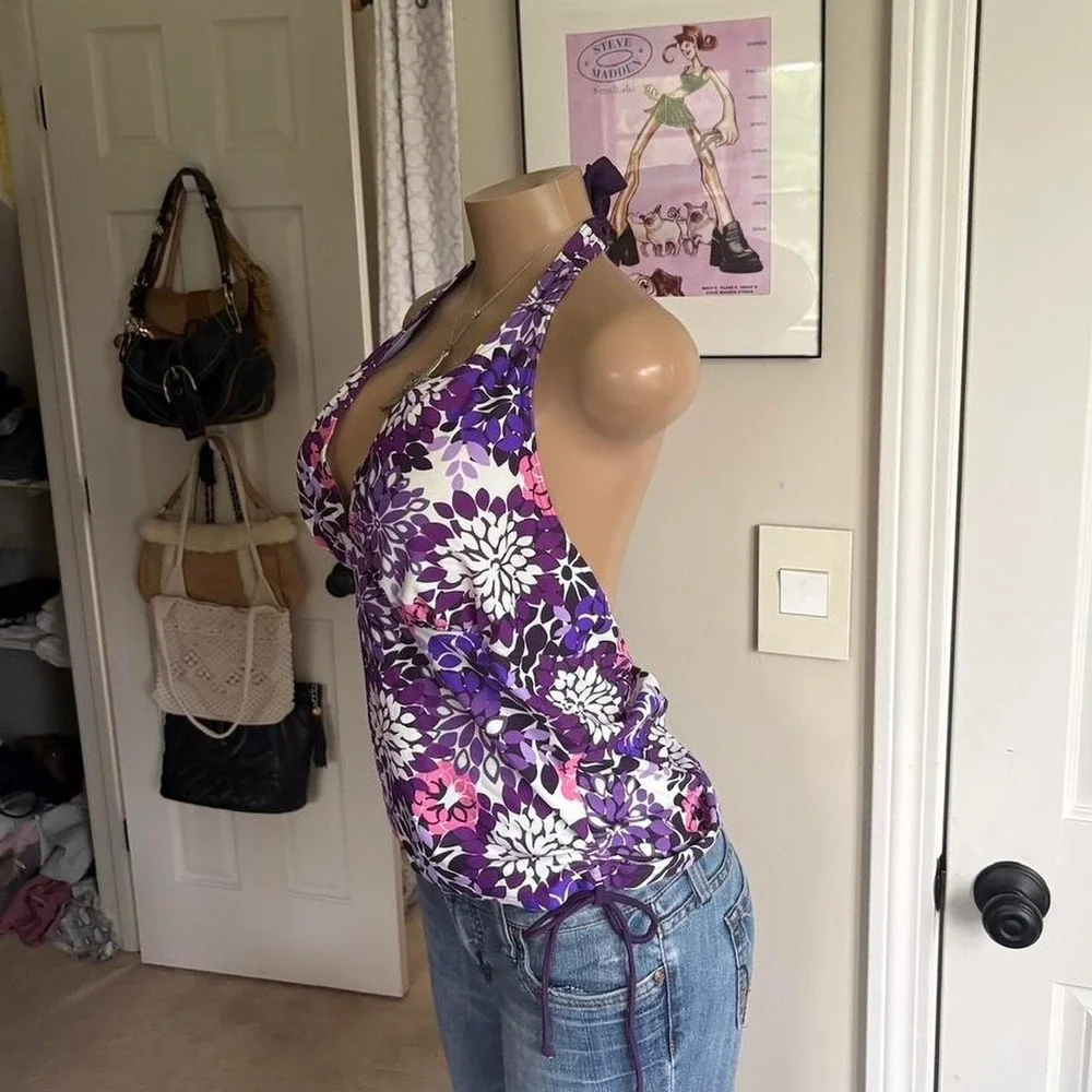 Y2K 2000s Purple Floral Halter Top